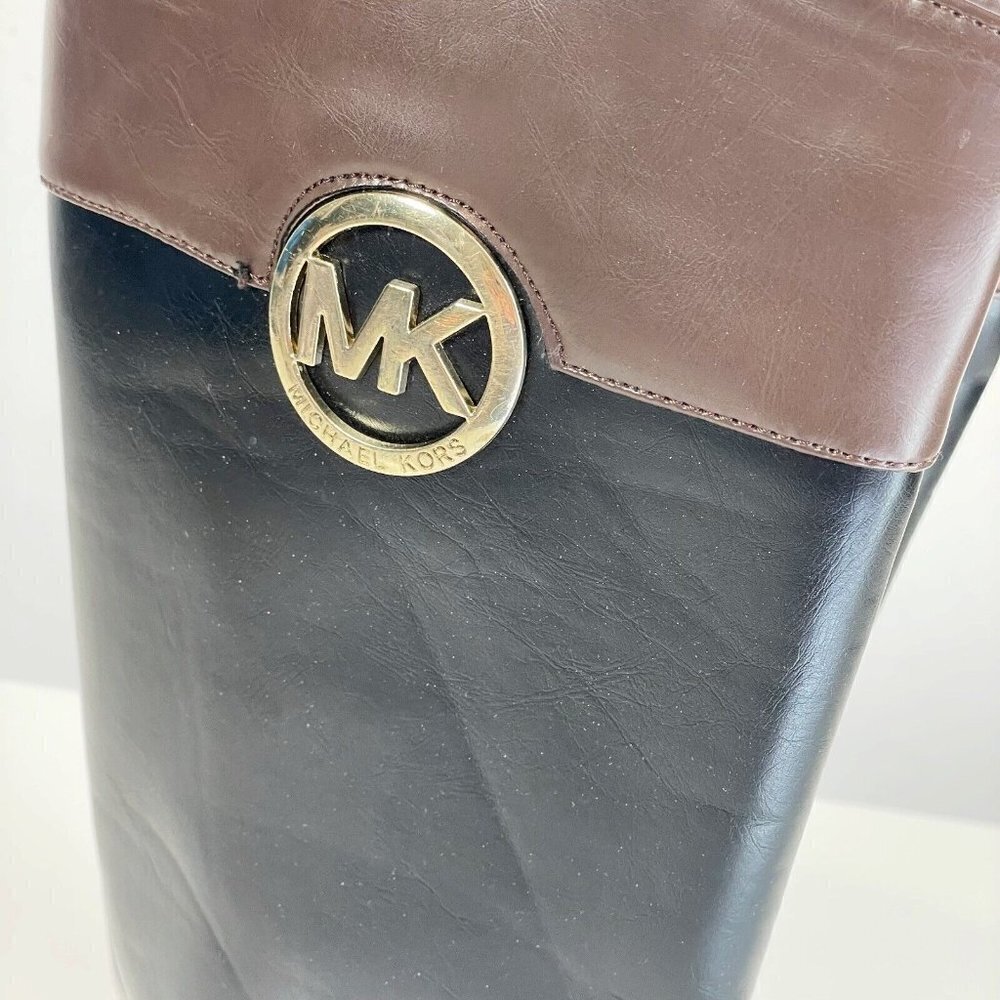 Michael Kors‎ Womens Emma Blaire Tall Riding Boots Black Brown 5 Leather Logo - Picture 2 of 8